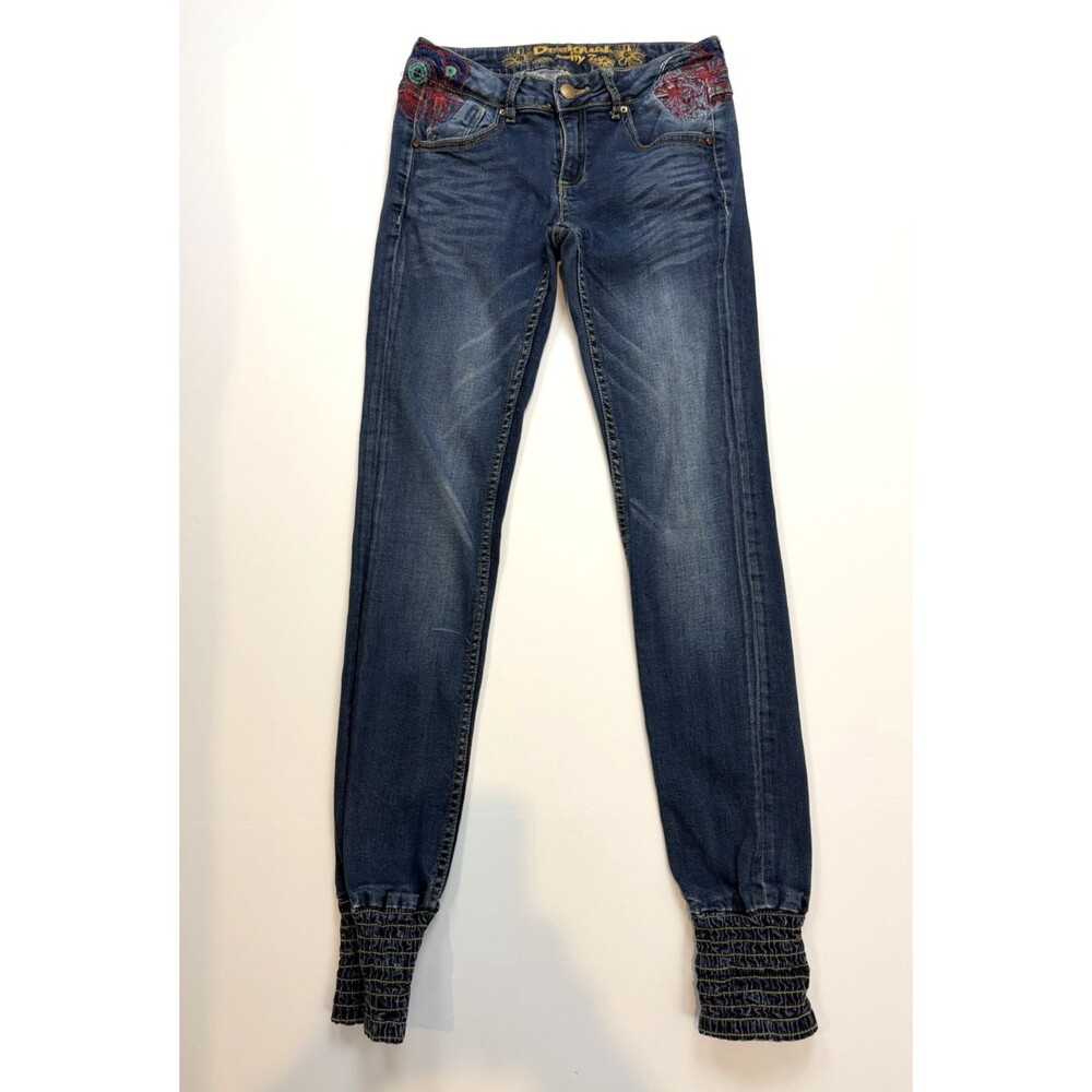 Desigual Why? 26 Embroidered Jeans Women Blue Stretch Smocked Ankle Boho